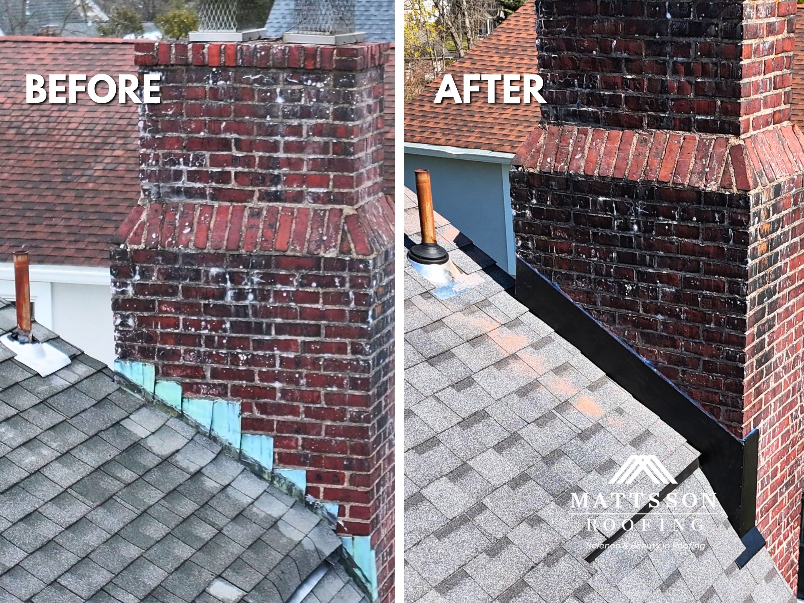 Before and after: chimney flashing replacement on a Glen Rock, NJ roof
