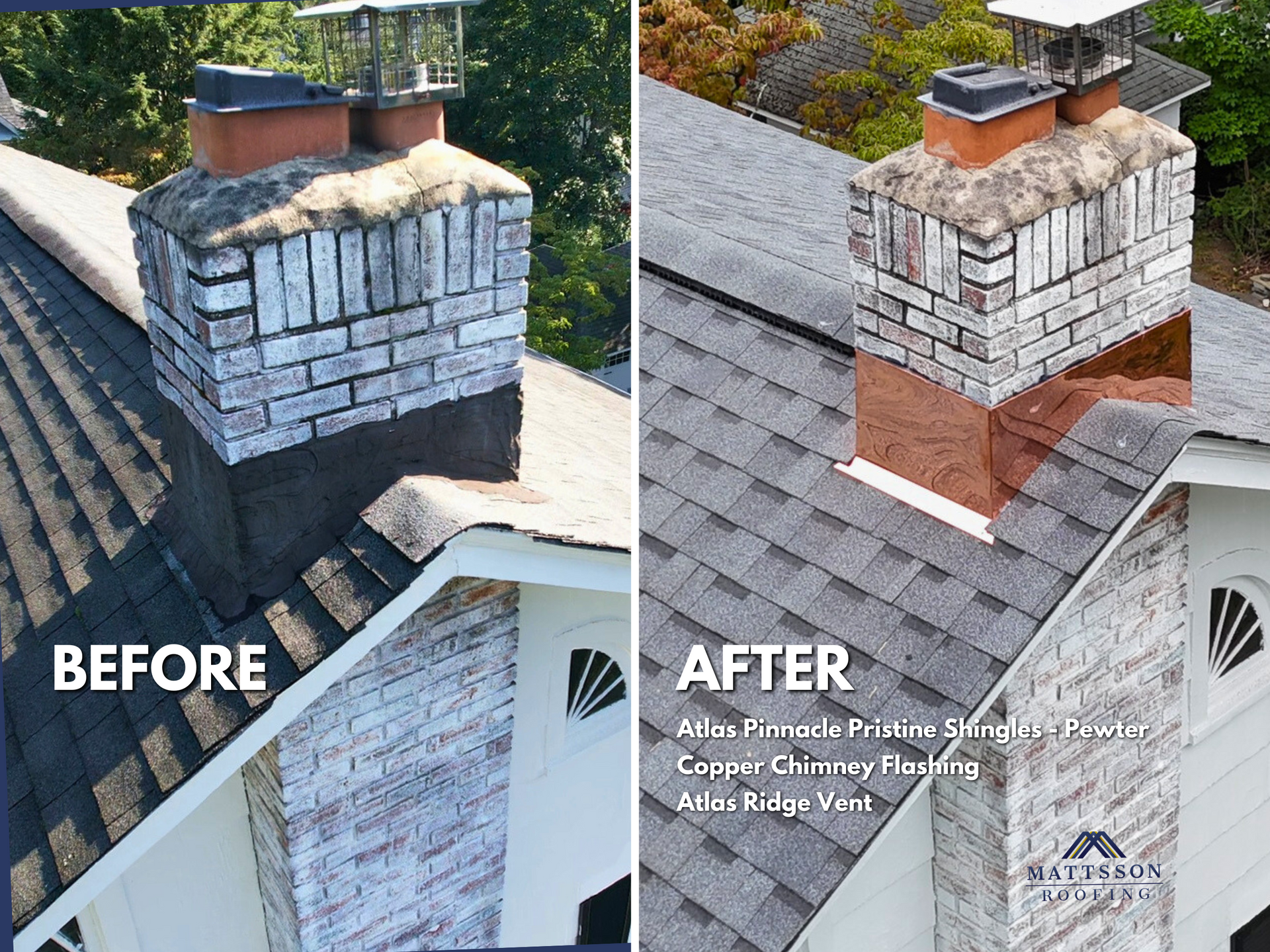 Before and after: copper chimney flashing and Atlas Pinnacle shingles in Ridgewood, NJ