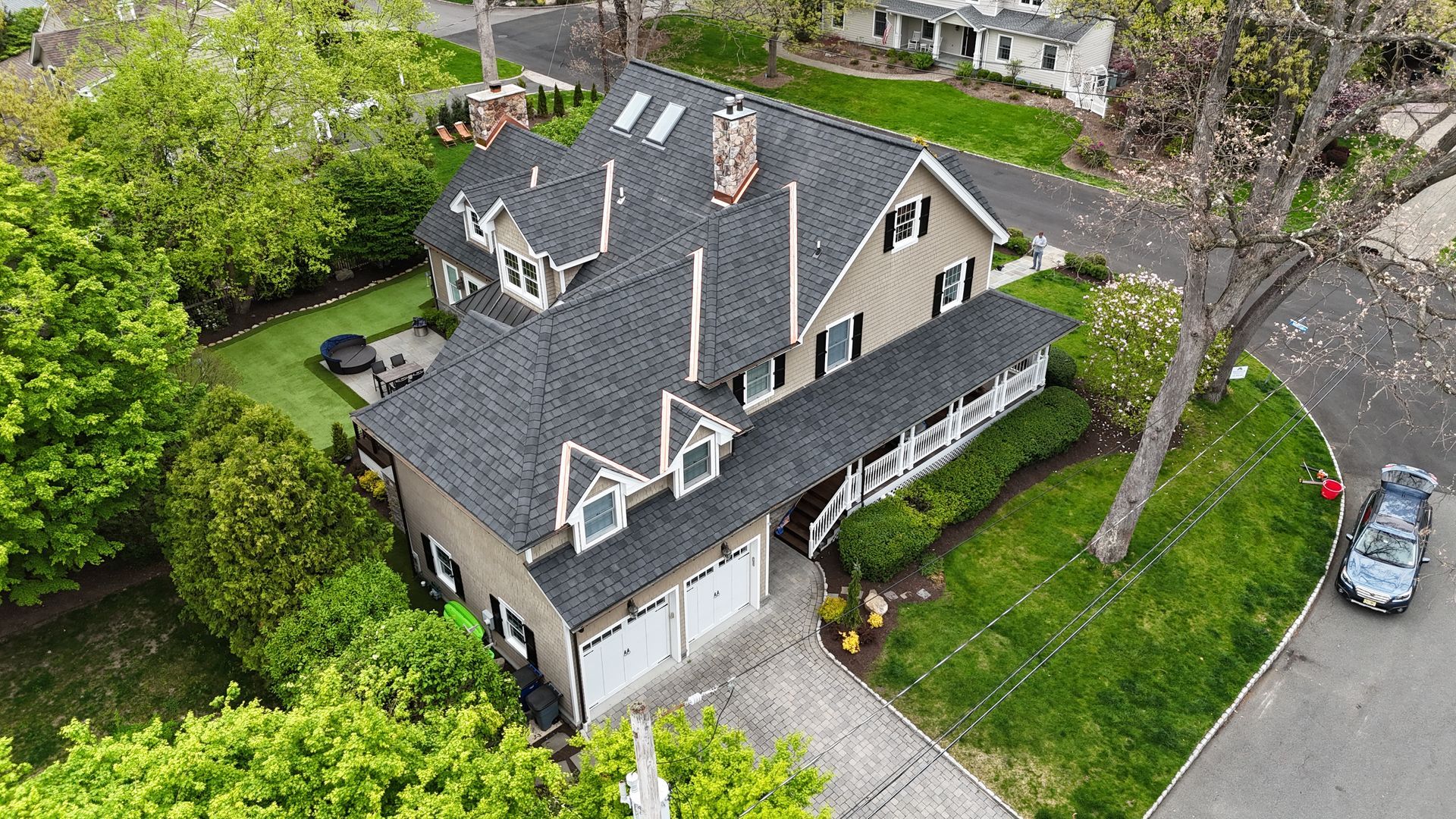 Aerial drone view of a Mattsson Roofing residential roof in Northern New Jersey